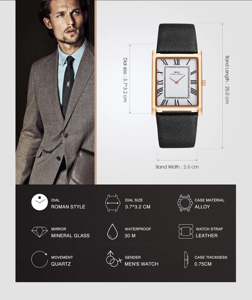 IBSO Ultra-Thin Rectangle Dial Men’s Quartz Watch Luxury Business Style Genuine Leather Strap Waterproof New Men WristWatches