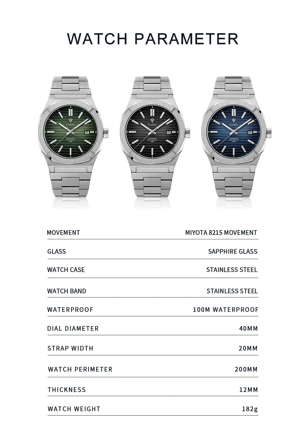 CADISEN Diver Watch Luxury Sapphire MIYOTA 8215 German Designer Men Automatic Mechanical Watches Waterproof Luminous Wristwatch
