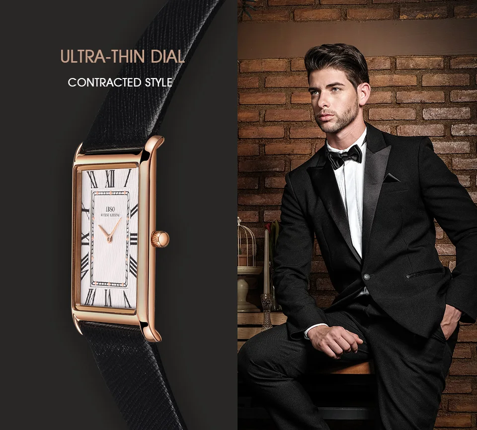 IBSO Ultra-Thin Rectangle Dial Men’s Quartz Watch Luxury Business Style Genuine Leather Strap Waterproof New Men WristWatches