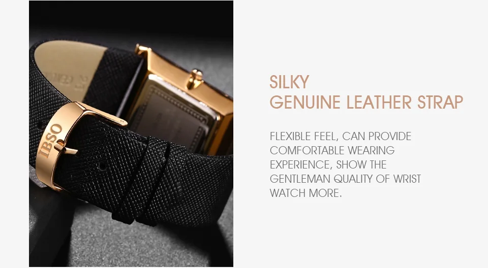 IBSO Ultra-Thin Rectangle Dial Men’s Quartz Watch Luxury Business Style Genuine Leather Strap Waterproof New Men WristWatches