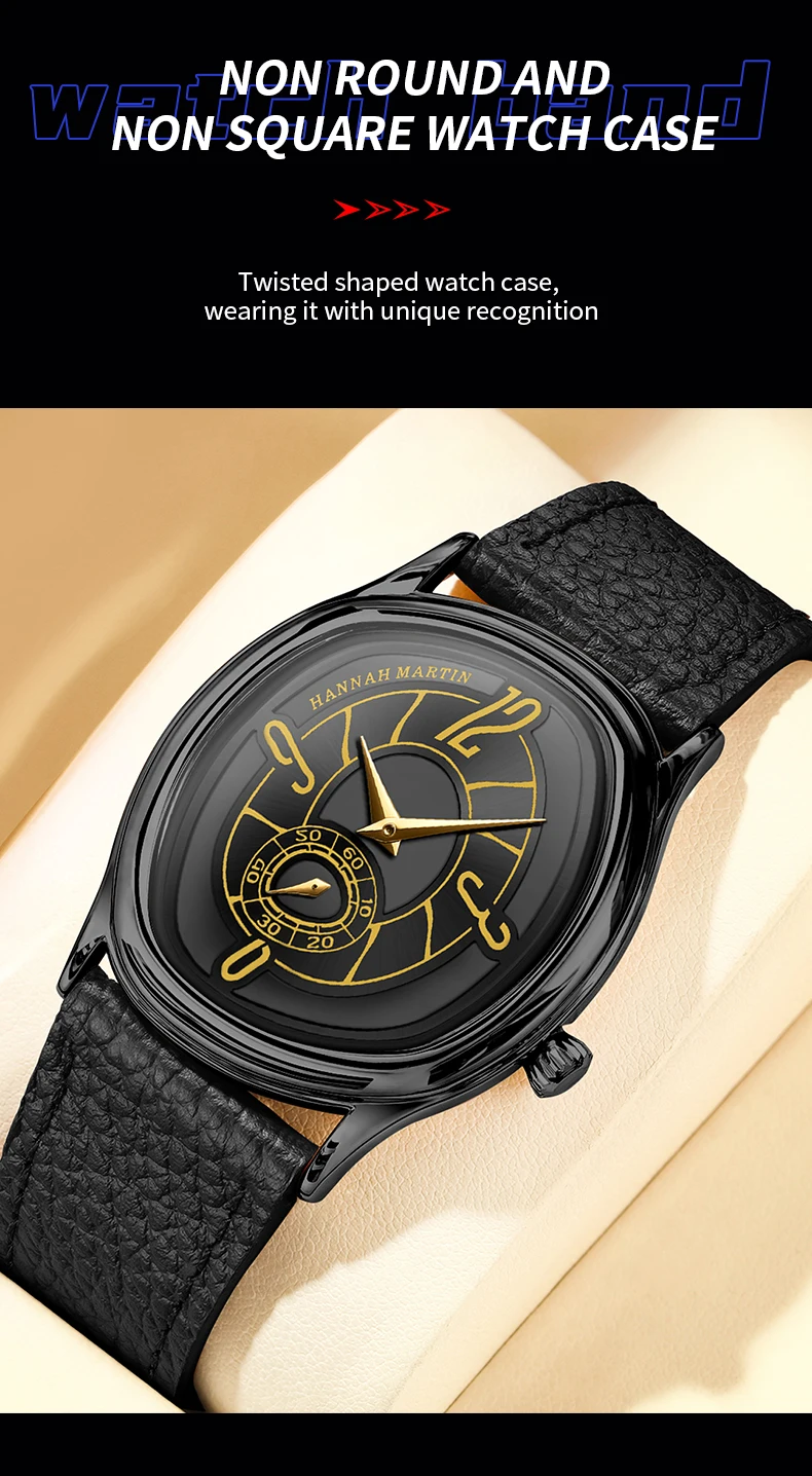 HANNAH MARTIN Man Watch Creative Gold Leather Clock 40mm Dreamy Geometric Case Women 3Bar Waterproof Couple Dress Watch for Men