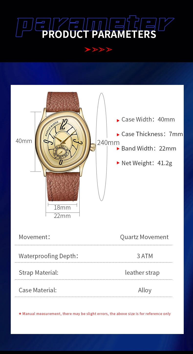 HANNAH MARTIN Man Watch Creative Gold Leather Clock 40mm Dreamy Geometric Case Women 3Bar Waterproof Couple Dress Watch for Men