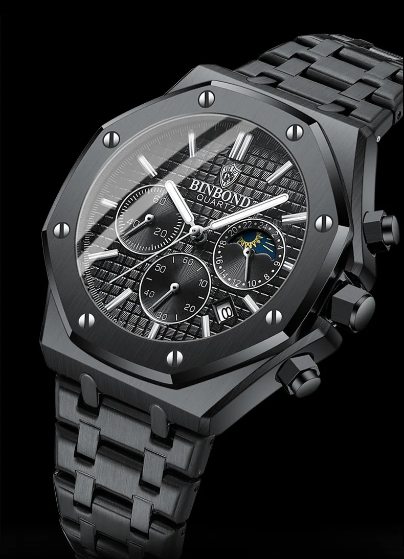 BINBOND 0161 Brand Man Quartz Watch Luxury Luminous Chronograph Wristwatch Stainless Steel Waterproof Men Date Calendar Clock