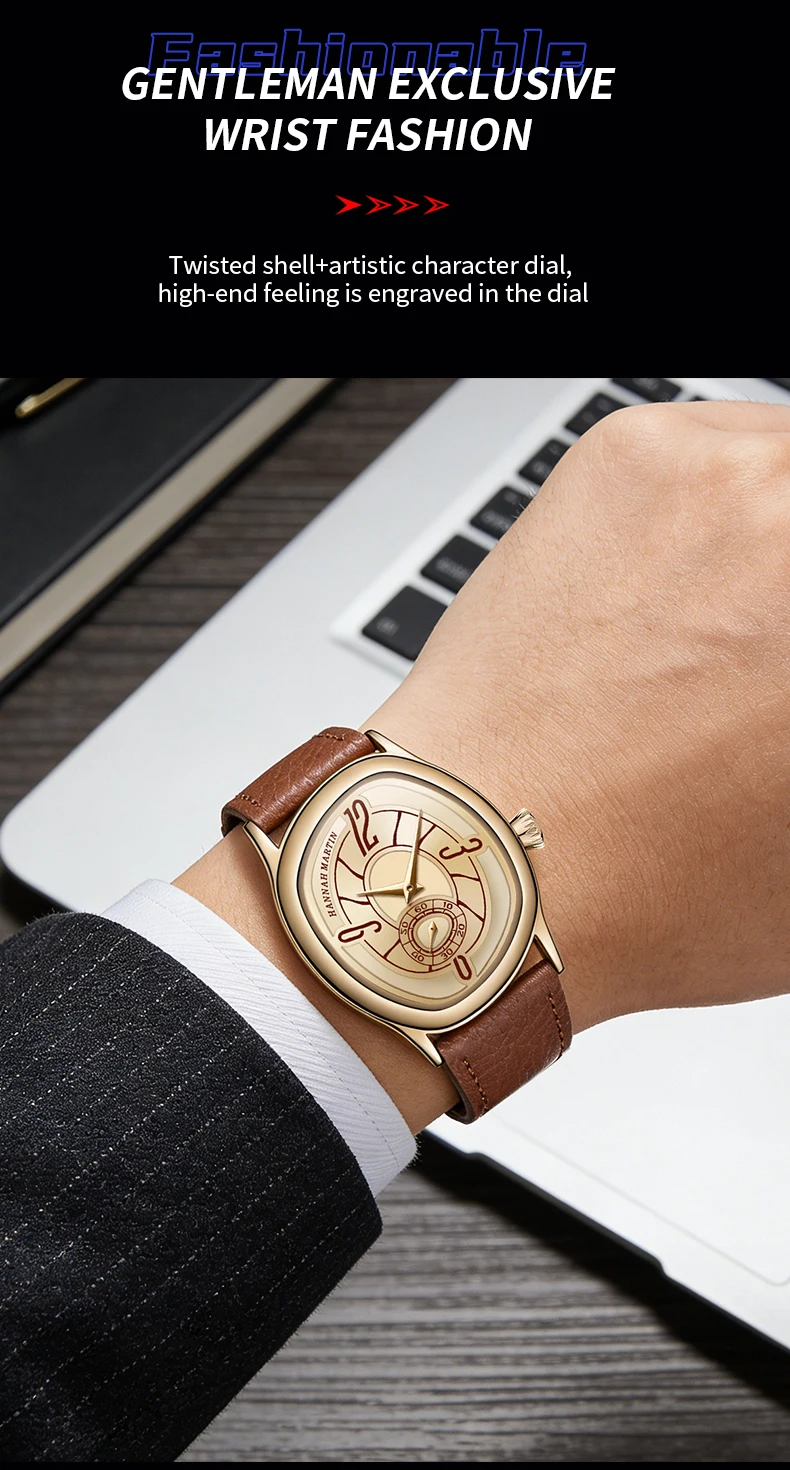 HANNAH MARTIN Man Watch Creative Gold Leather Clock 40mm Dreamy Geometric Case Women 3Bar Waterproof Couple Dress Watch for Men