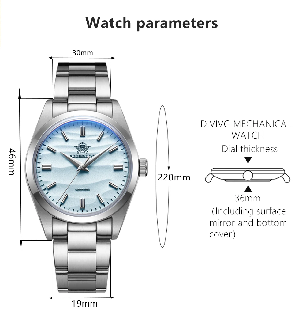 ADDIESDIVE Hot Sale AD2030 Without LOGO Watch Stainless Steel 100M Waterproof Quartz Watches 3D Sand Dial Men’s Wristwatch Dress