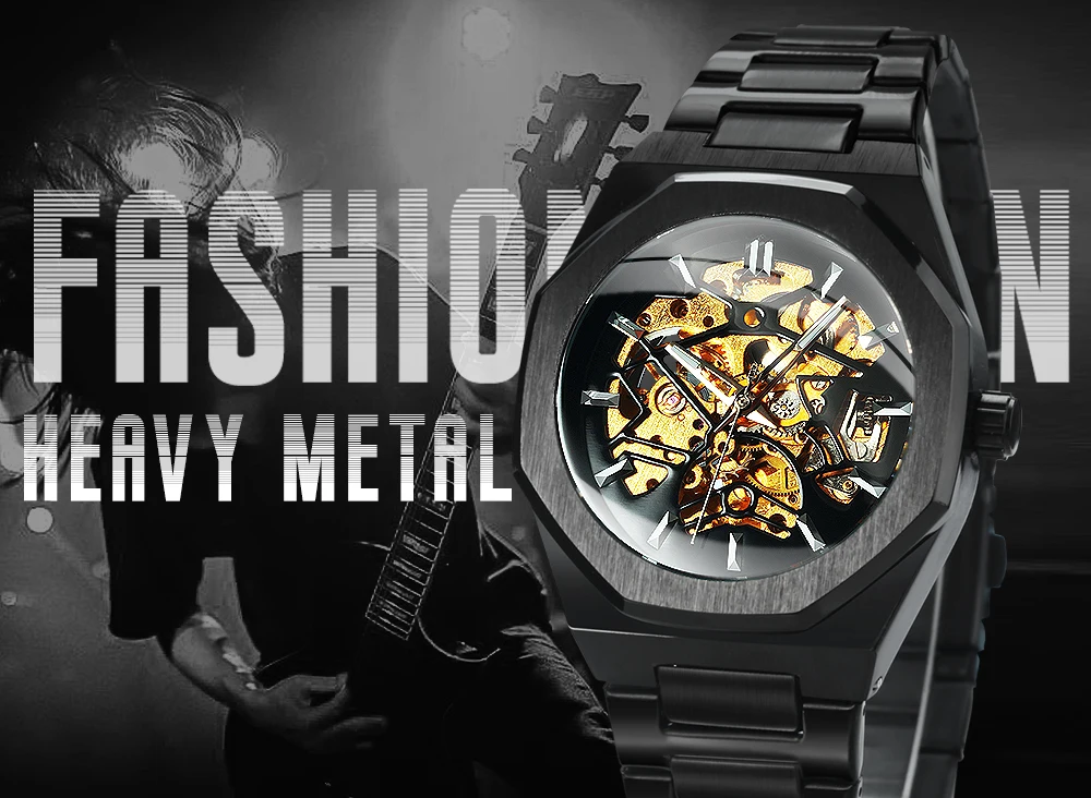 WINNER Black Gold Skeleton Mechanical Watches for Men Fashion irregular Automatic Watch Luxury Brand Stainless Steel Strap 2023