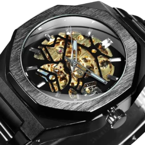 <font dir="auto" style="vertical-align: inherit;"><font dir="auto" style="vertical-align: inherit;">男士黑色金镂空机械腕表 时尚不规则自动腕表 奢华品牌 不锈钢表带 </font></font>