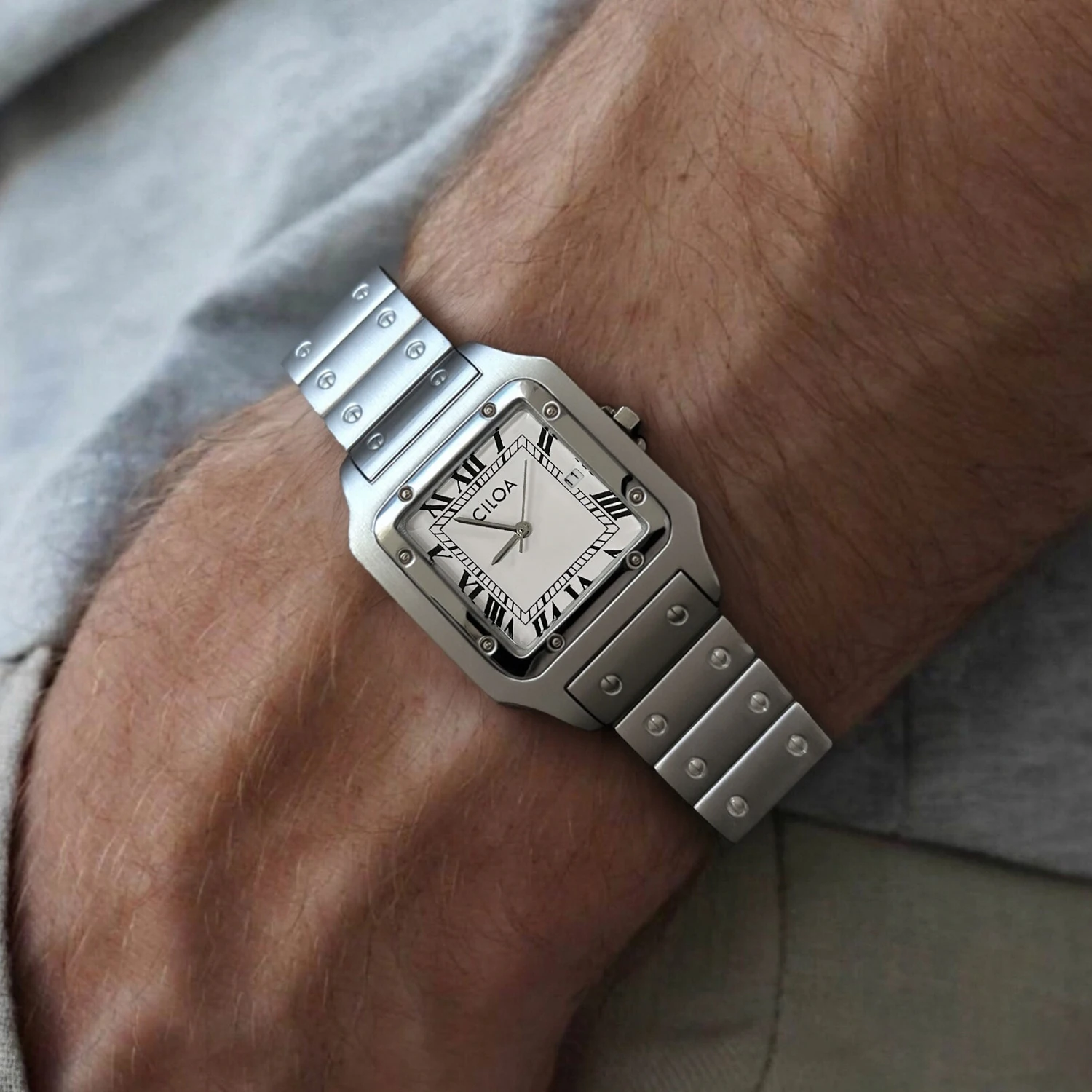 CILOA Silver Square Watch Men’s High Quality Light Luxury Gift High End Stainless Steel Strap Waterproof Quartz Watch