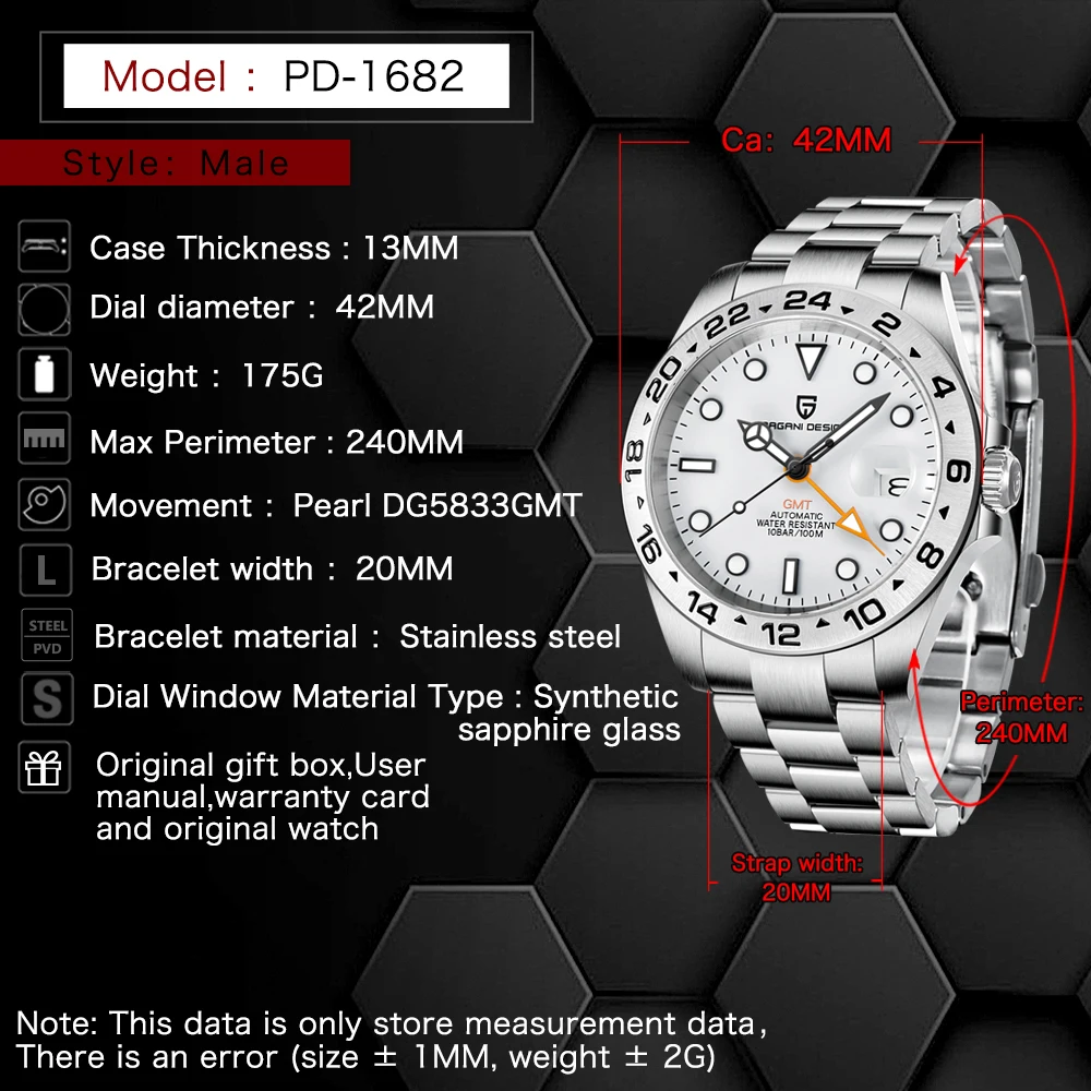 PAGANI DESIGN Vintage 42MM GMT Men’s Watch PD1682 Automatic Mechanical Timepiece Sapphire Stainless Steel 100M Waterproof Retro