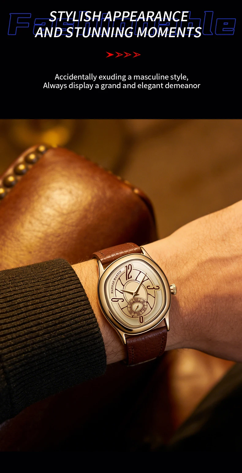 HANNAH MARTIN Man Watch Creative Gold Leather Clock 40mm Dreamy Geometric Case Women 3Bar Waterproof Couple Dress Watch for Men