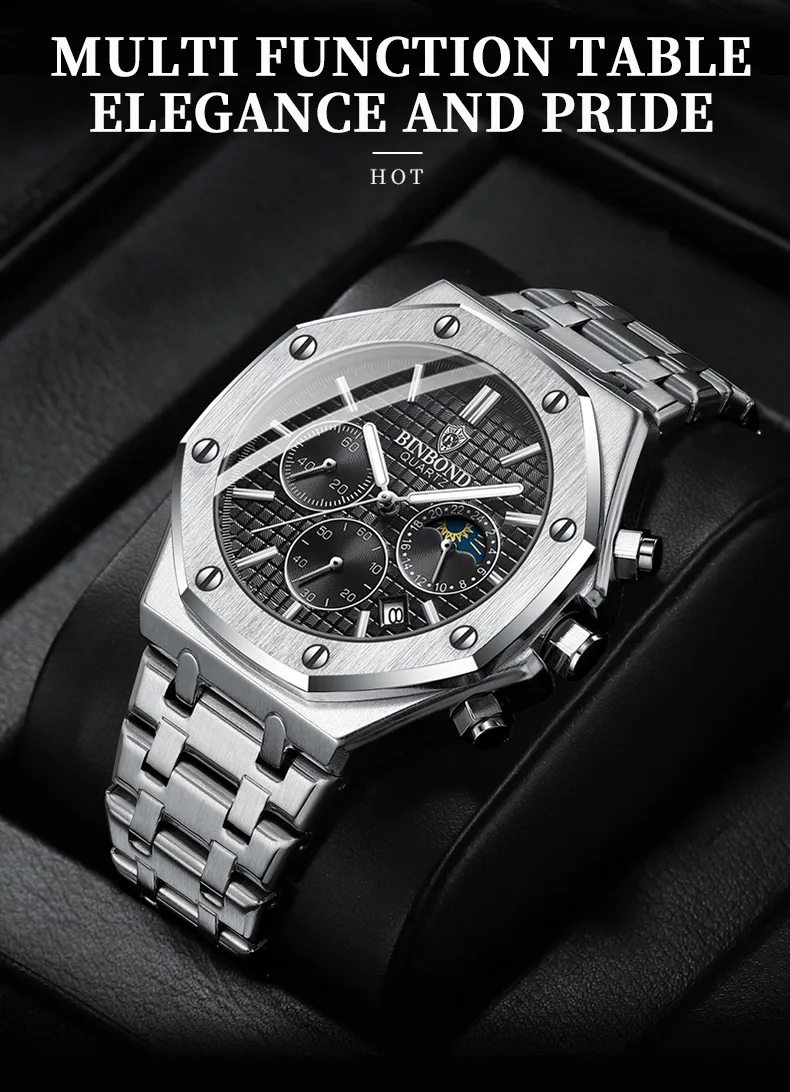 BINBOND 0161 Brand Man Quartz Watch Luxury Luminous Chronograph Wristwatch Stainless Steel Waterproof Men Date Calendar Clock