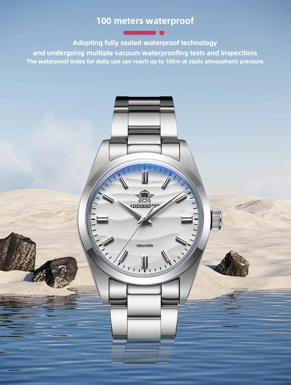 ADDIESDIVE Hot Sale AD2030 Without LOGO Watch Stainless Steel 100M Waterproof Quartz Watches 3D Sand Dial Men’s Wristwatch Dress