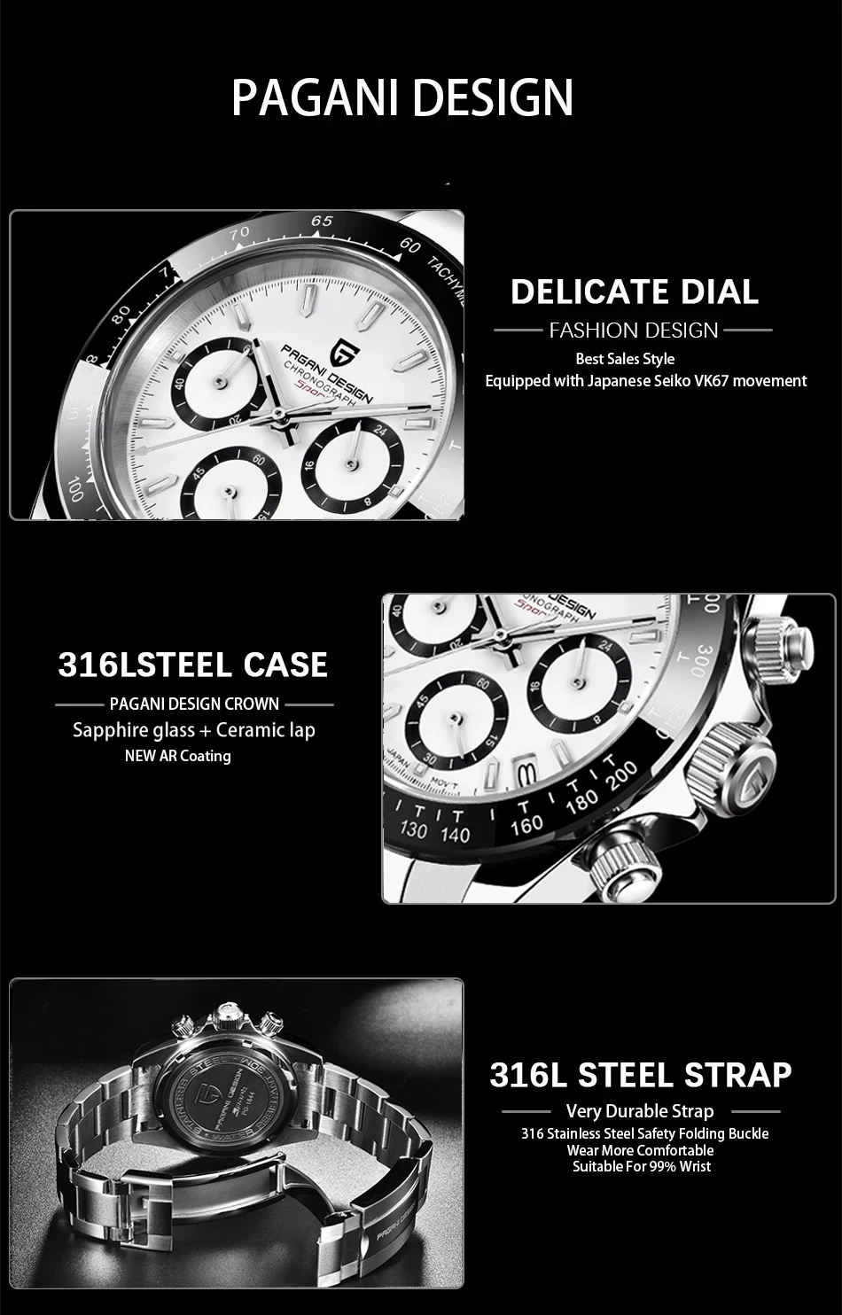 New PAGANI DESIGN PD1644 Luxury Men’s Quartz Watch Automatic date Wristwatches Sport 100m Waterproof Chronograph Men Gift
