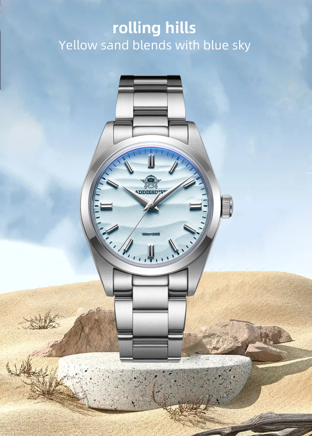 ADDIESDIVE Hot Sale AD2030 Without LOGO Watch Stainless Steel 100M Waterproof Quartz Watches 3D Sand Dial Men’s Wristwatch Dress