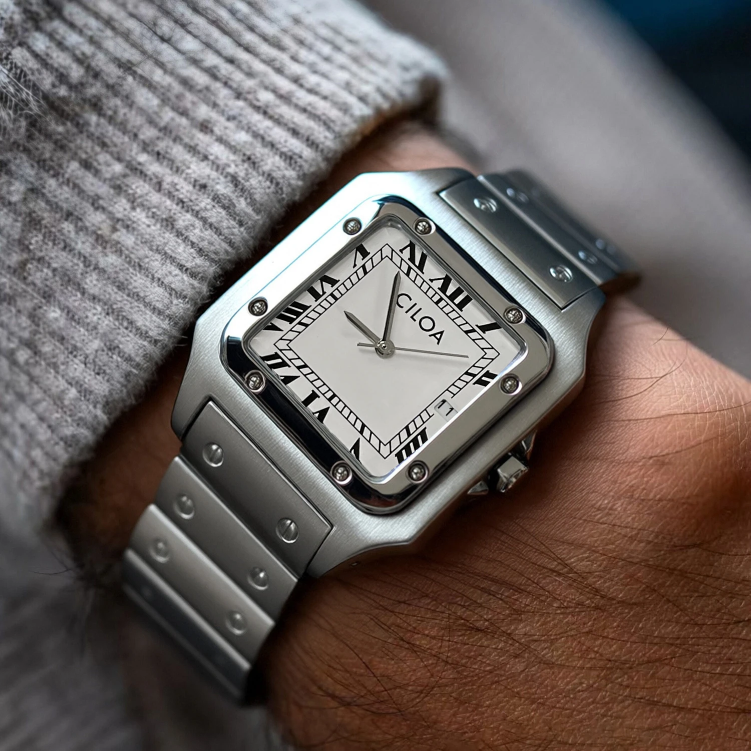 CILOA Silver Square Watch Men’s High Quality Light Luxury Gift High End Stainless Steel Strap Waterproof Quartz Watch