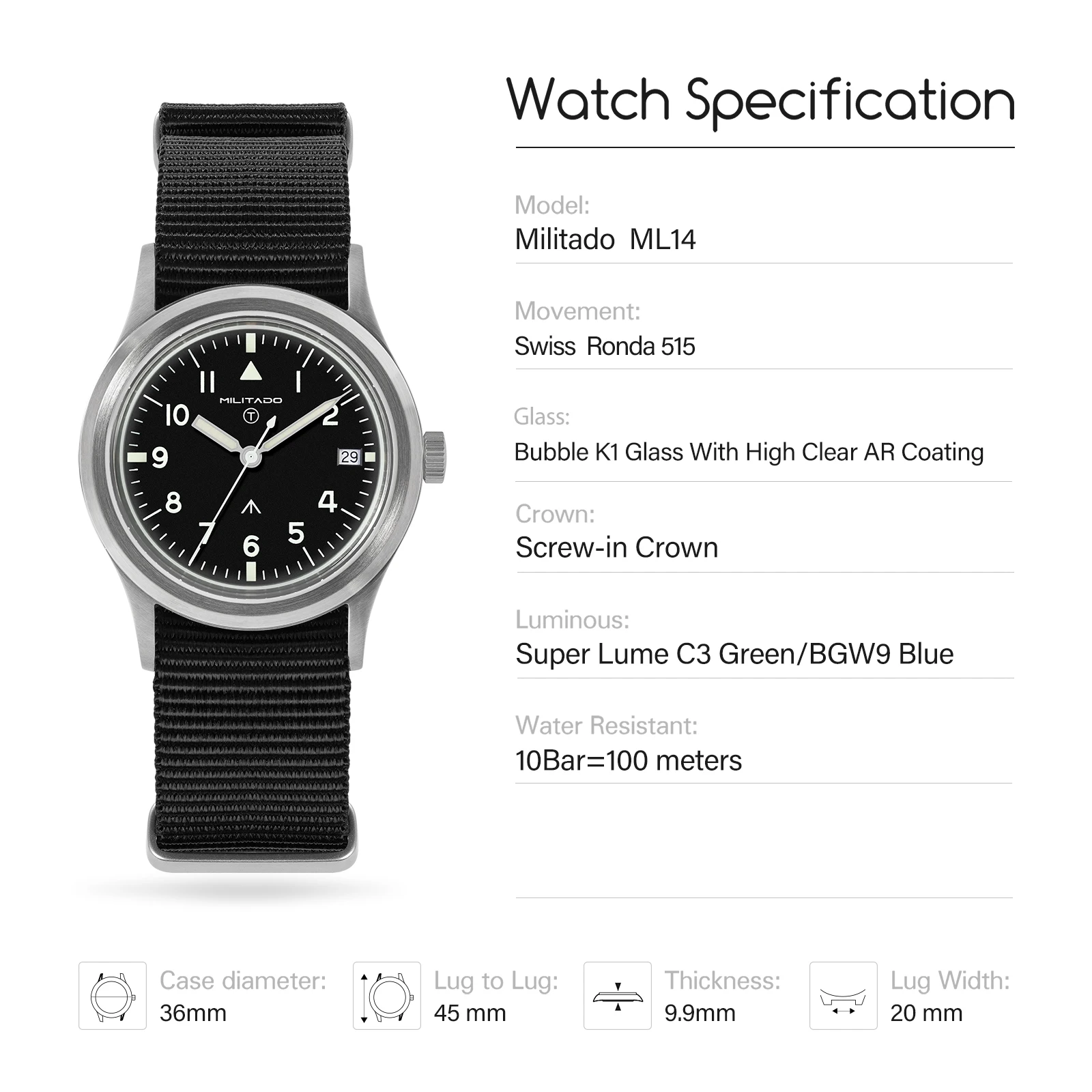 Militado ML14 36mm Watch VH31 Sweep Second Quartz Movement Watch Sapphire Crystal Super Luminous BGW9 C3 100m Waterproof Watches