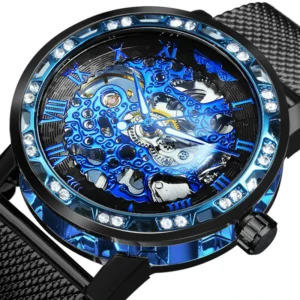 <font dir="auto" style="vertical-align: inherit;"><font dir="auto" style="vertical-align: inherit;"> 经典复古机械腕表，奢华冰蓝镂空男士腕表，夜光指针，网状不锈钢表带</font></font>
