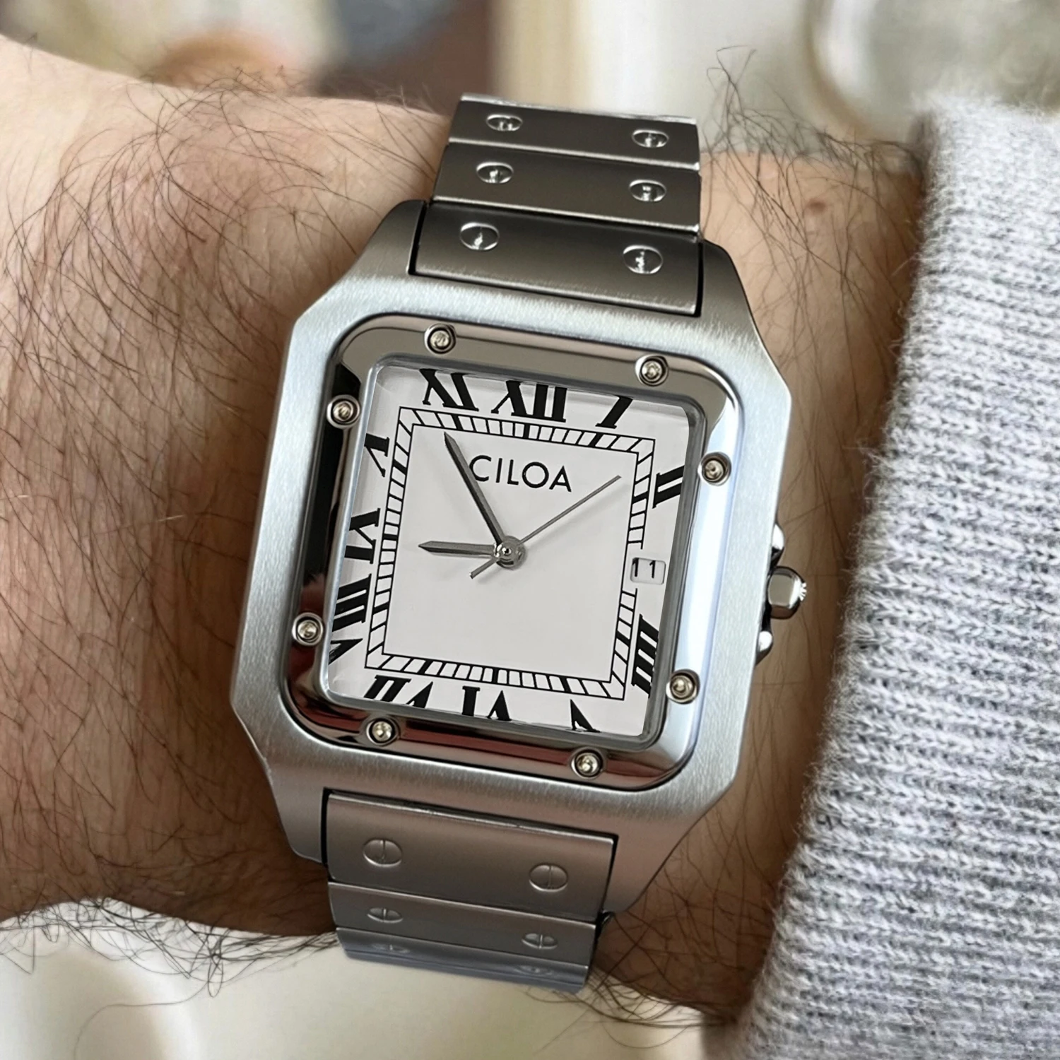 CILOA Silver Square Watch Men’s High Quality Light Luxury Gift High End Stainless Steel Strap Waterproof Quartz Watch
