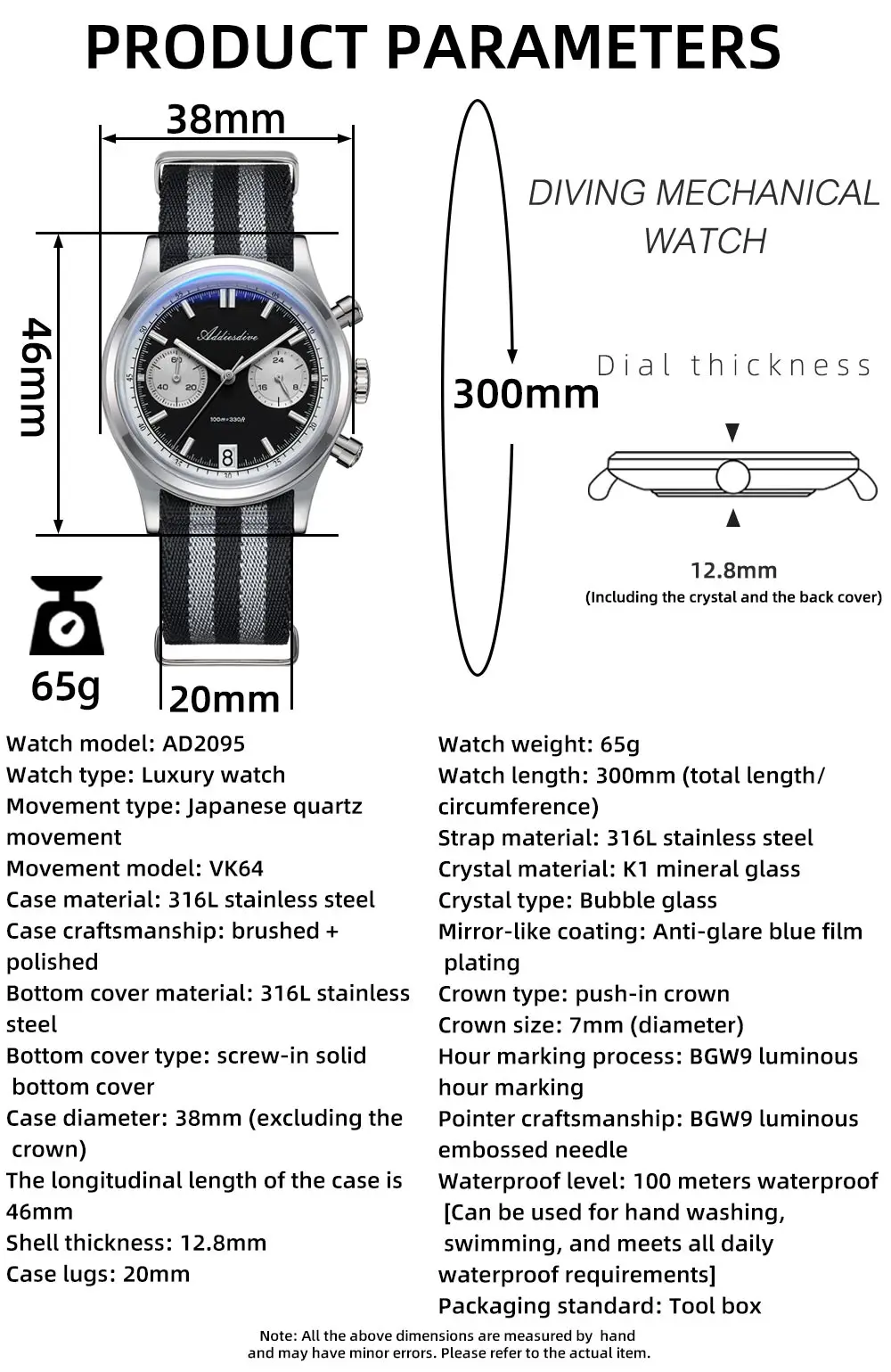 ADDIESDIVE Top Brand Man Watch BGW9 Super Luminous 10Bar Waterproof Bubble Mirror Glass VK64 Chronograph Quartz Steel Wristwatch