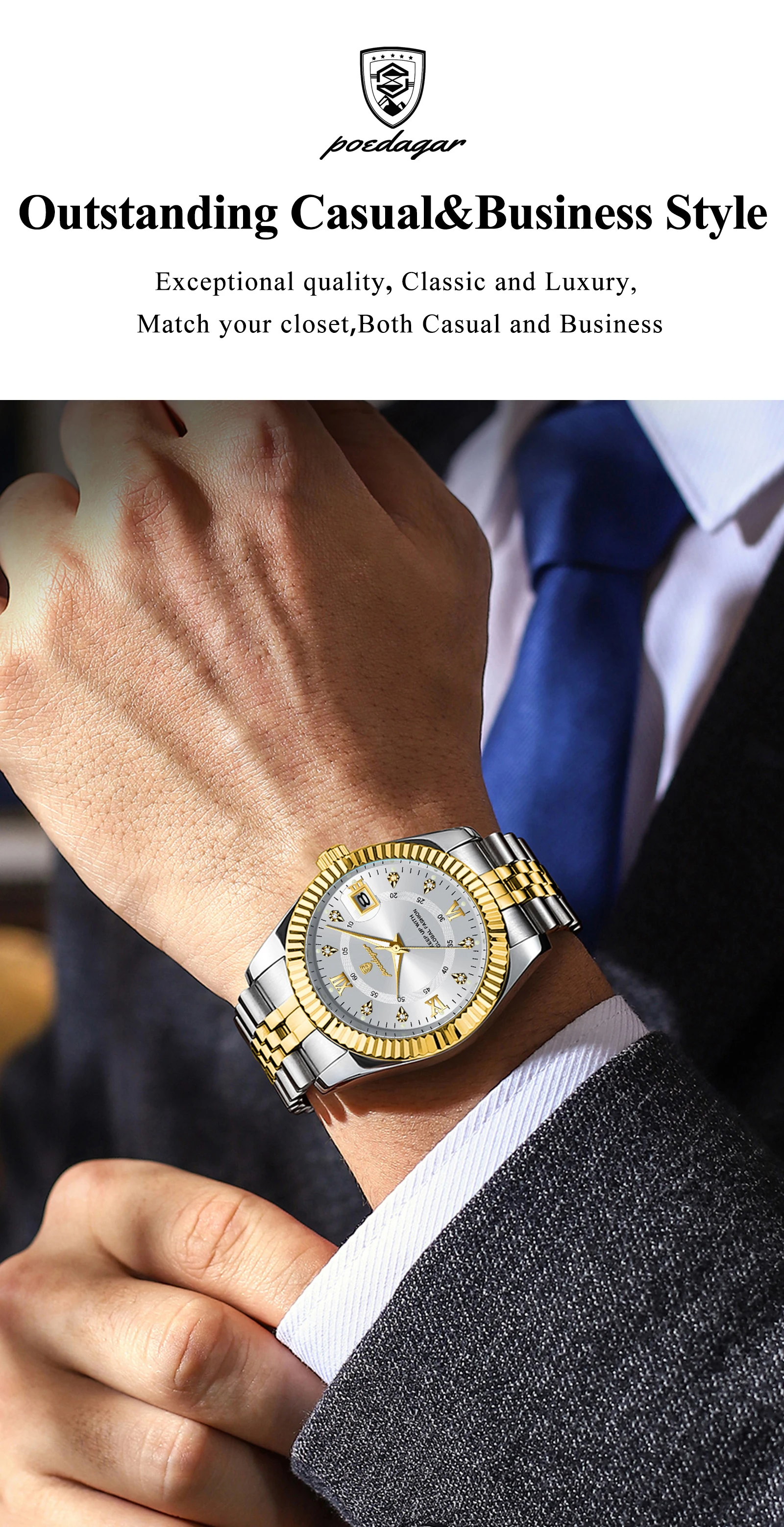 POEDAGAR Luxury Business Men Wristwatch Waterproof Luminous Date Military Man Watch Stainless Steel Fashion Men’s Quartz Watches