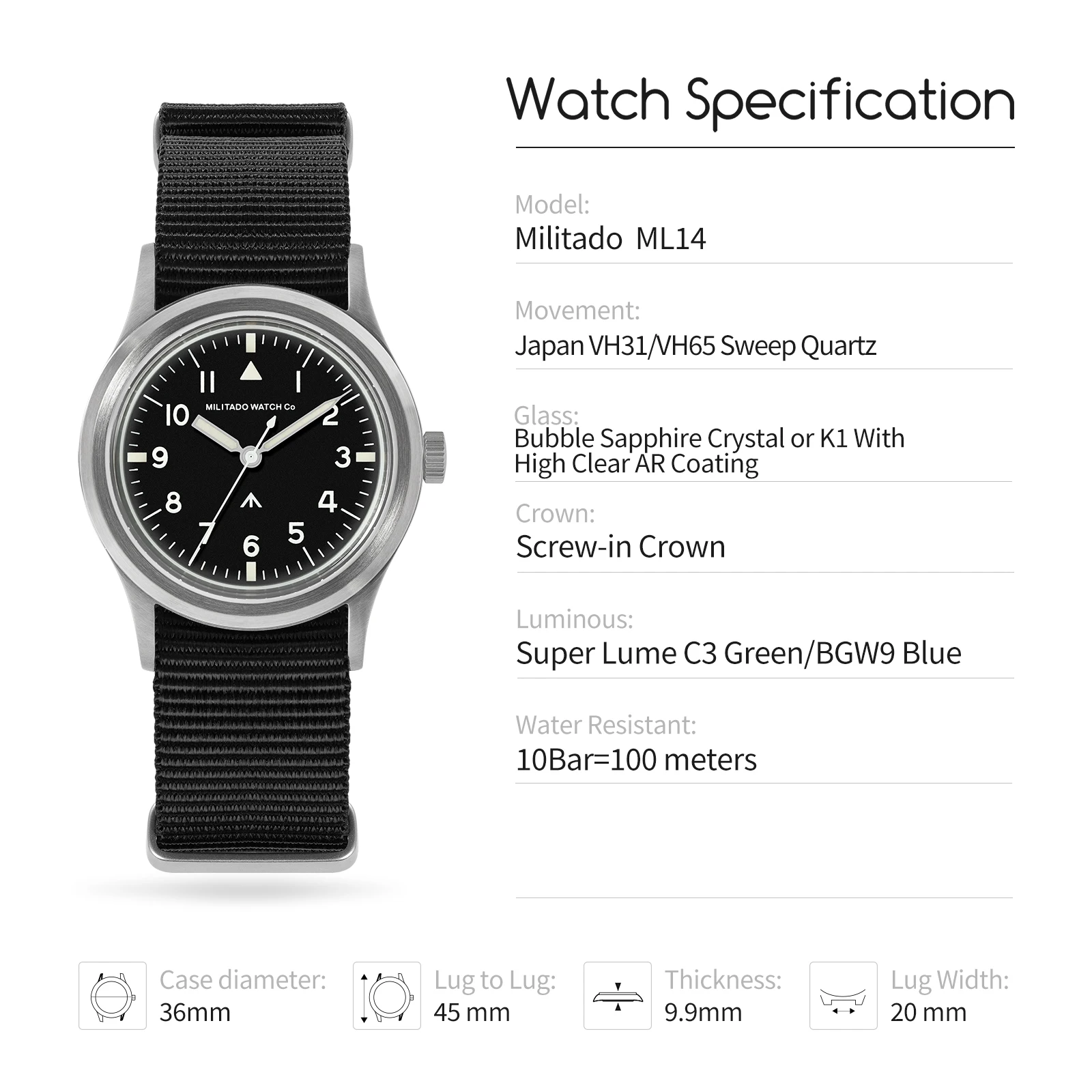 Militado ML14 36mm Watch VH31 Sweep Second Quartz Movement Watch Sapphire Crystal Super Luminous BGW9 C3 100m Waterproof Watches
