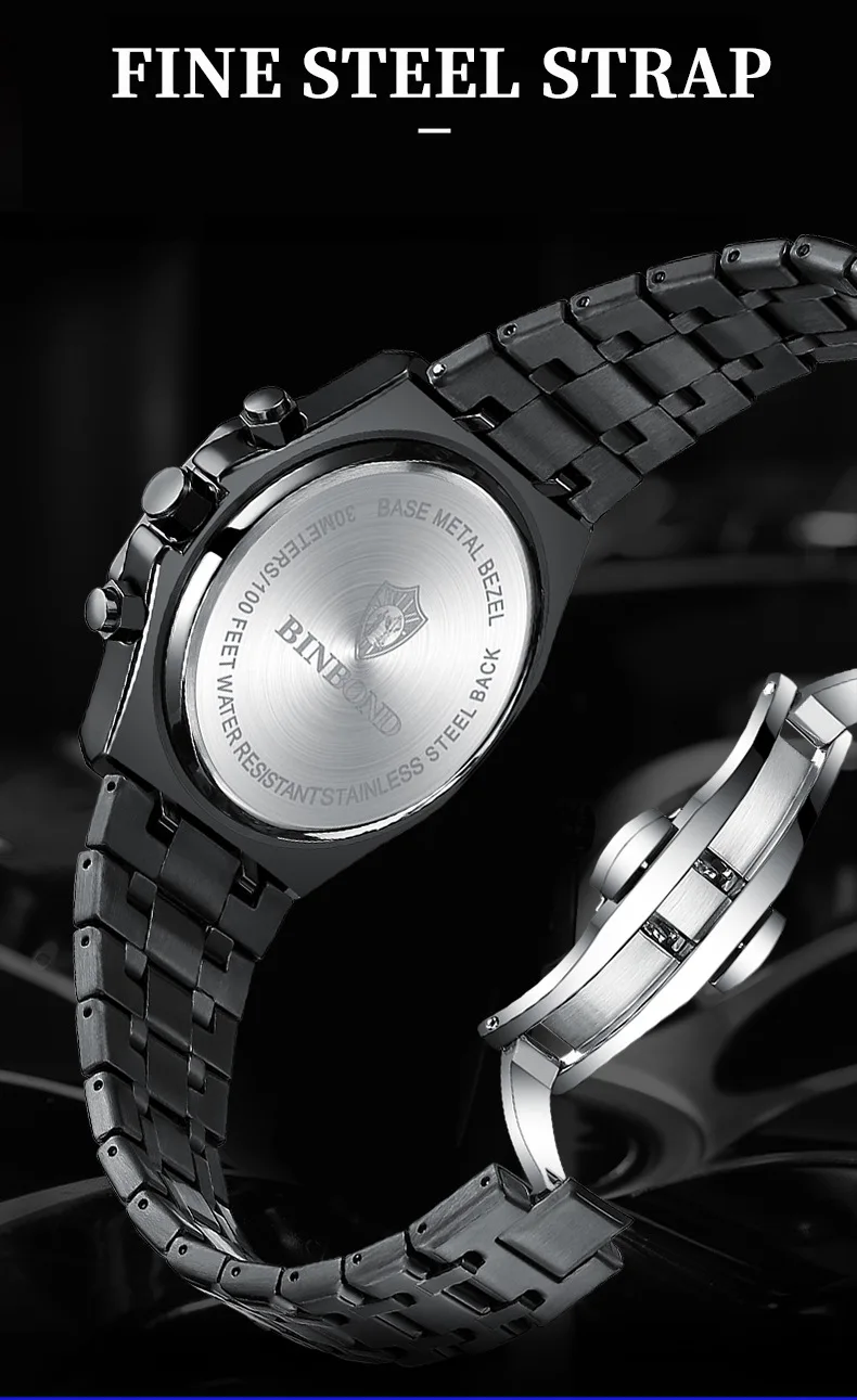 BINBOND 0161 Brand Man Quartz Watch Luxury Luminous Chronograph Wristwatch Stainless Steel Waterproof Men Date Calendar Clock