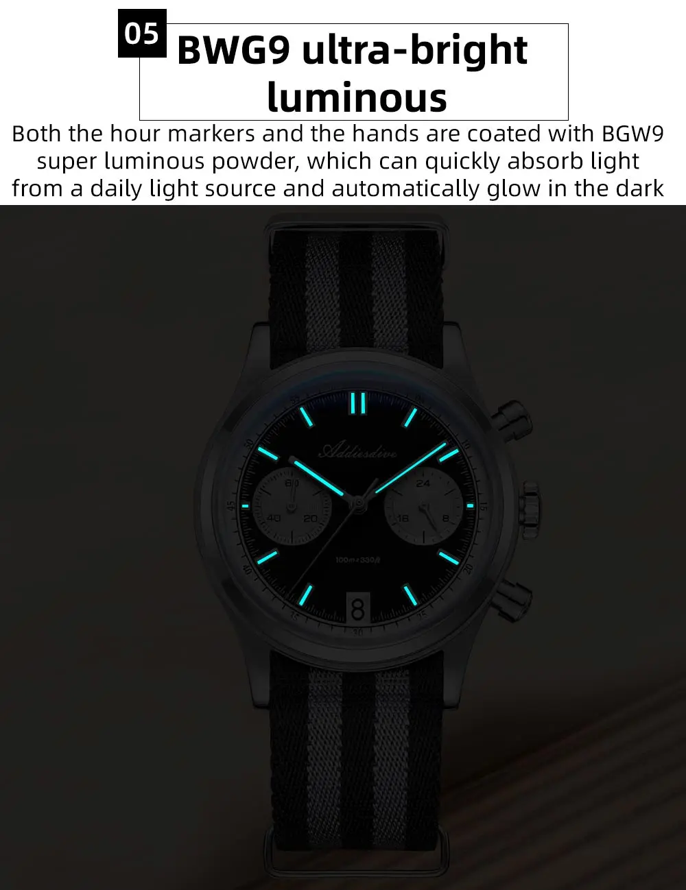 ADDIESDIVE Top Brand Man Watch BGW9 Super Luminous 10Bar Waterproof Bubble Mirror Glass VK64 Chronograph Quartz Steel Wristwatch