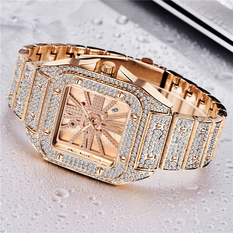 Unique Cool Brand Designer Watches For Men Hip Hop Diamond Fashion Alloy Band Date Golden Quartz Watch Montres de Marque de Luxe