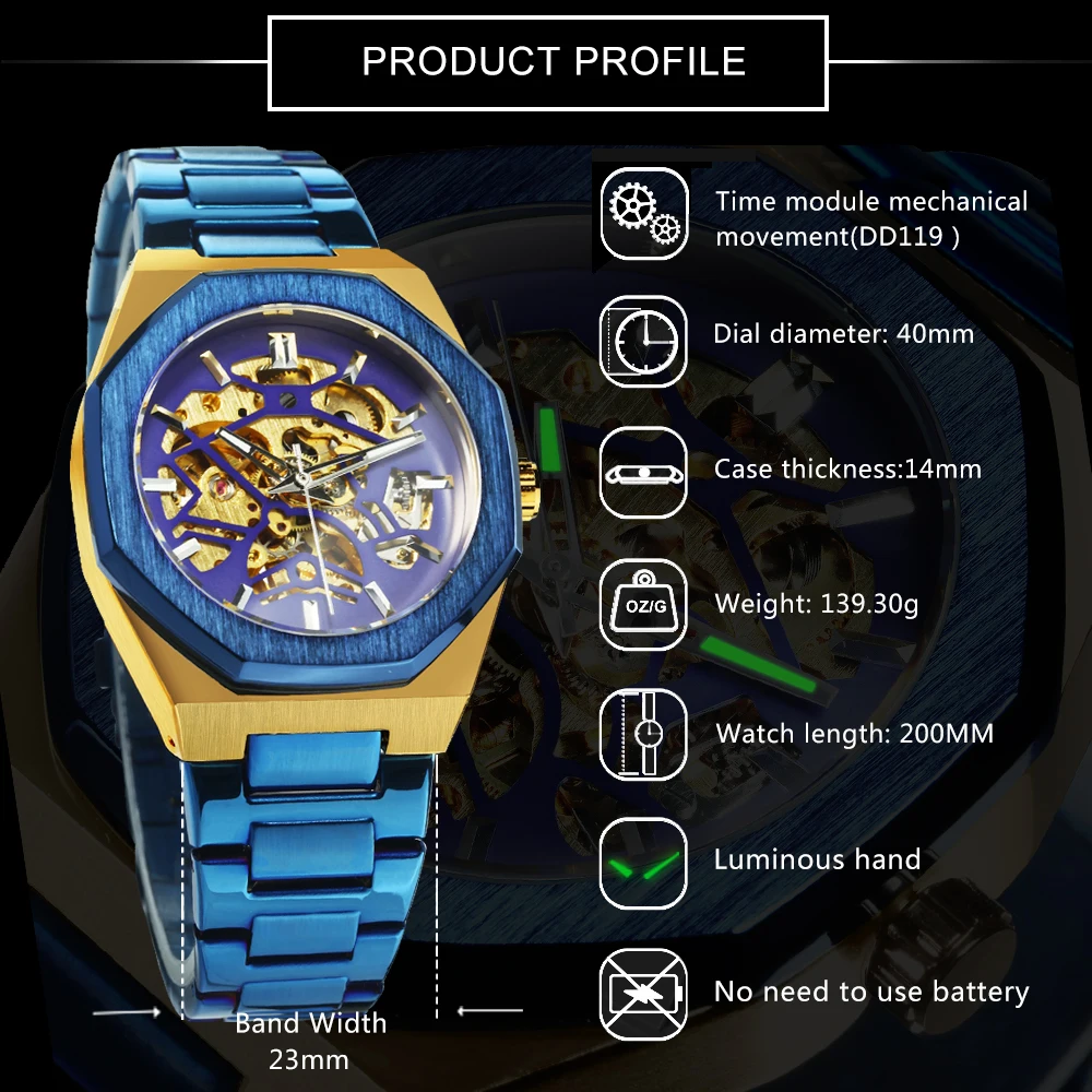 WINNER Black Gold Skeleton Mechanical Watches for Men Fashion irregular Automatic Watch Luxury Brand Stainless Steel Strap 2023
