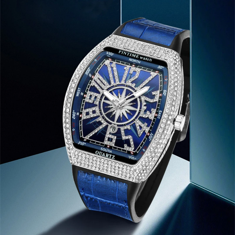 Premium Brand Luxury Diamond Watch Digital Diamond Inlay Black Watch Night light Men Quartz Wristwatch Hip Hop Style Men Gift